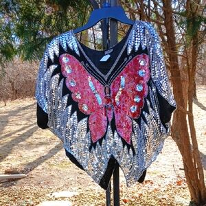 Vintage Women's Silk Butterfly Sequin Flutter Sleeve Top Disco Fairy Glam